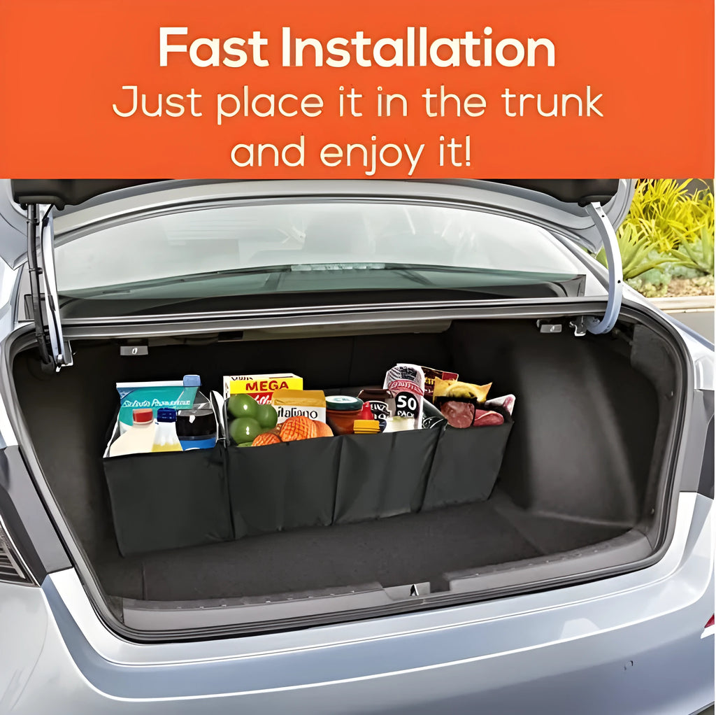 4-compartment foldable multipurpose car storage box in black oxford fabric, measuring 115x30x30cm