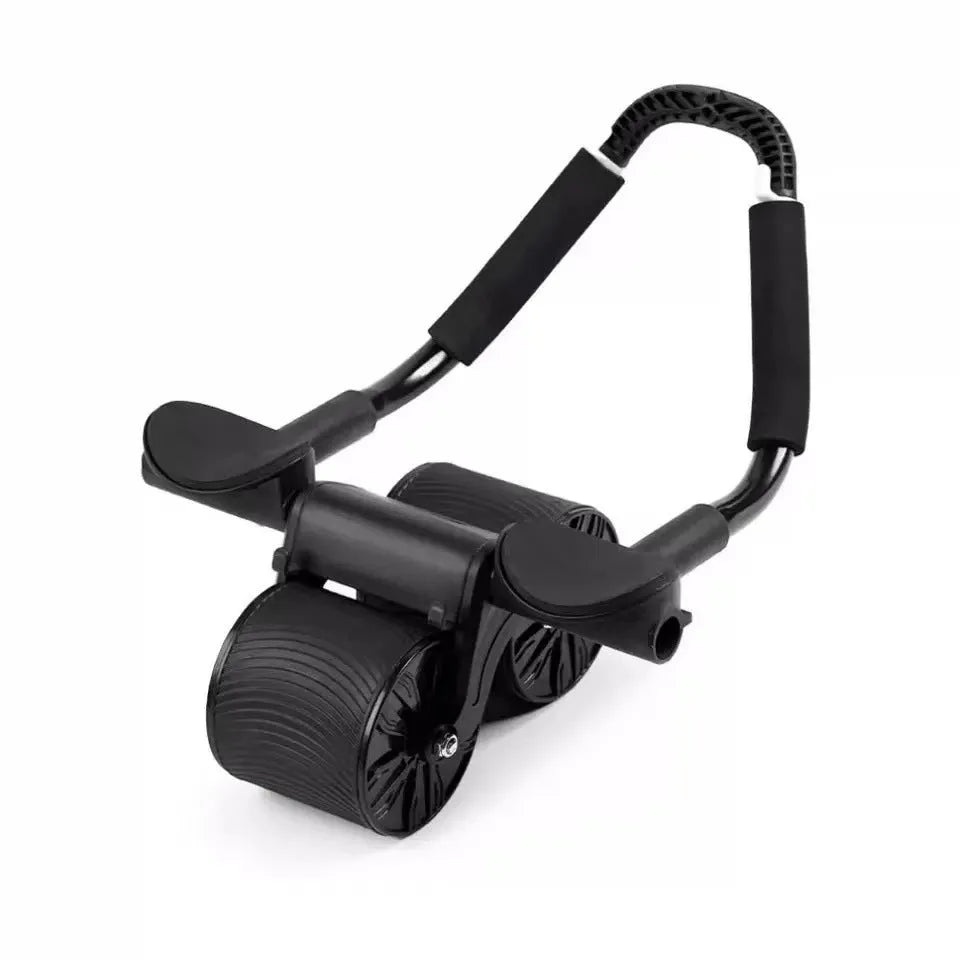 Black abdominal exercise wheel with automatic rebound next to red and black lock edge yoga mat for core workouts