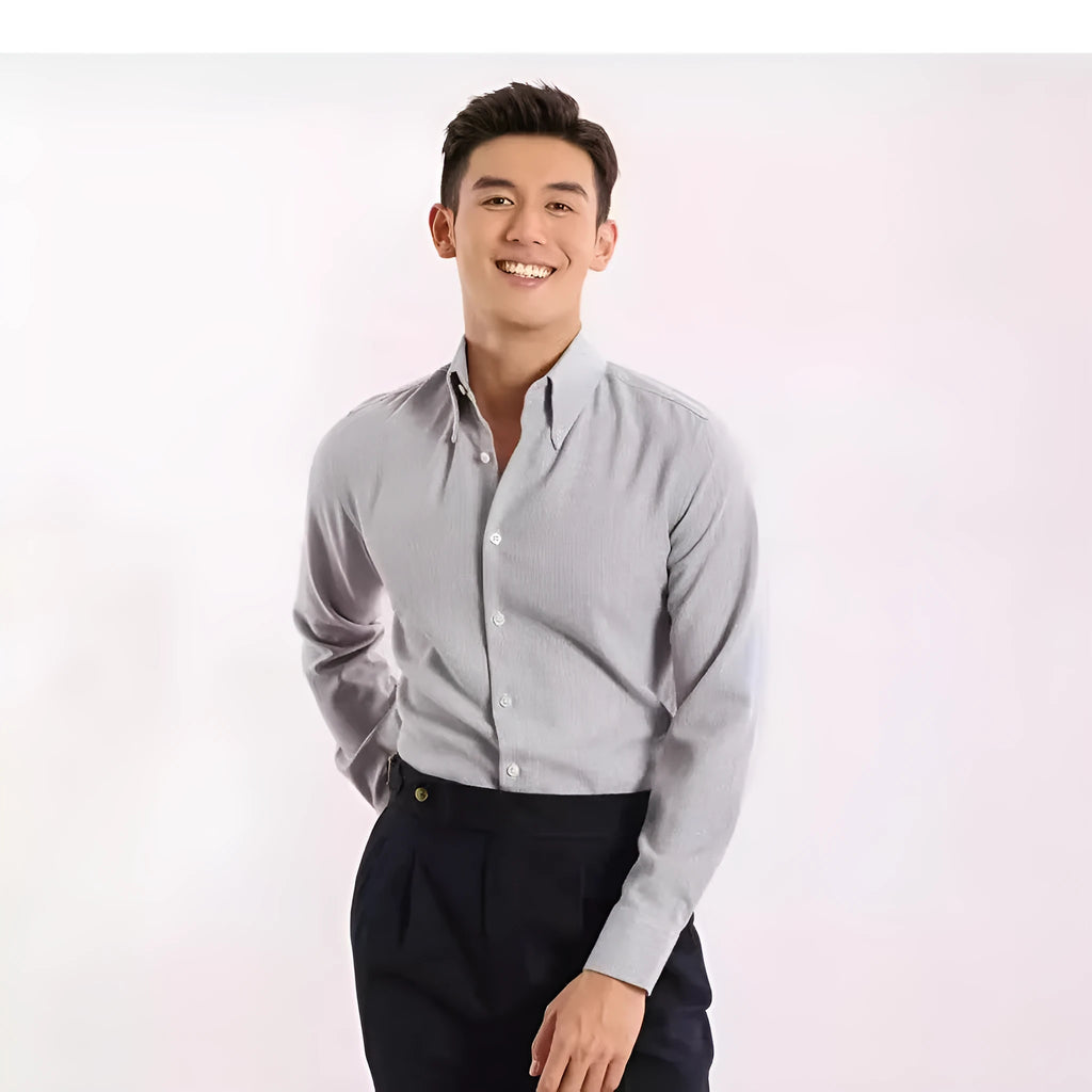 Men's long-sleeved plaid business shirt, non-ironing viscose blend, khaki or dark blue, sizes M-3XL