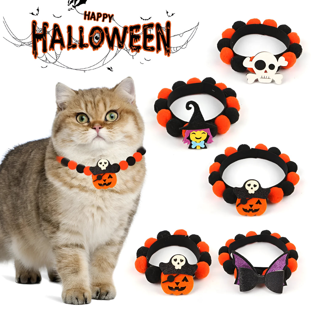 Halloween pet collar with fur ball decorations in pumpkin, bow, skull and witch designs