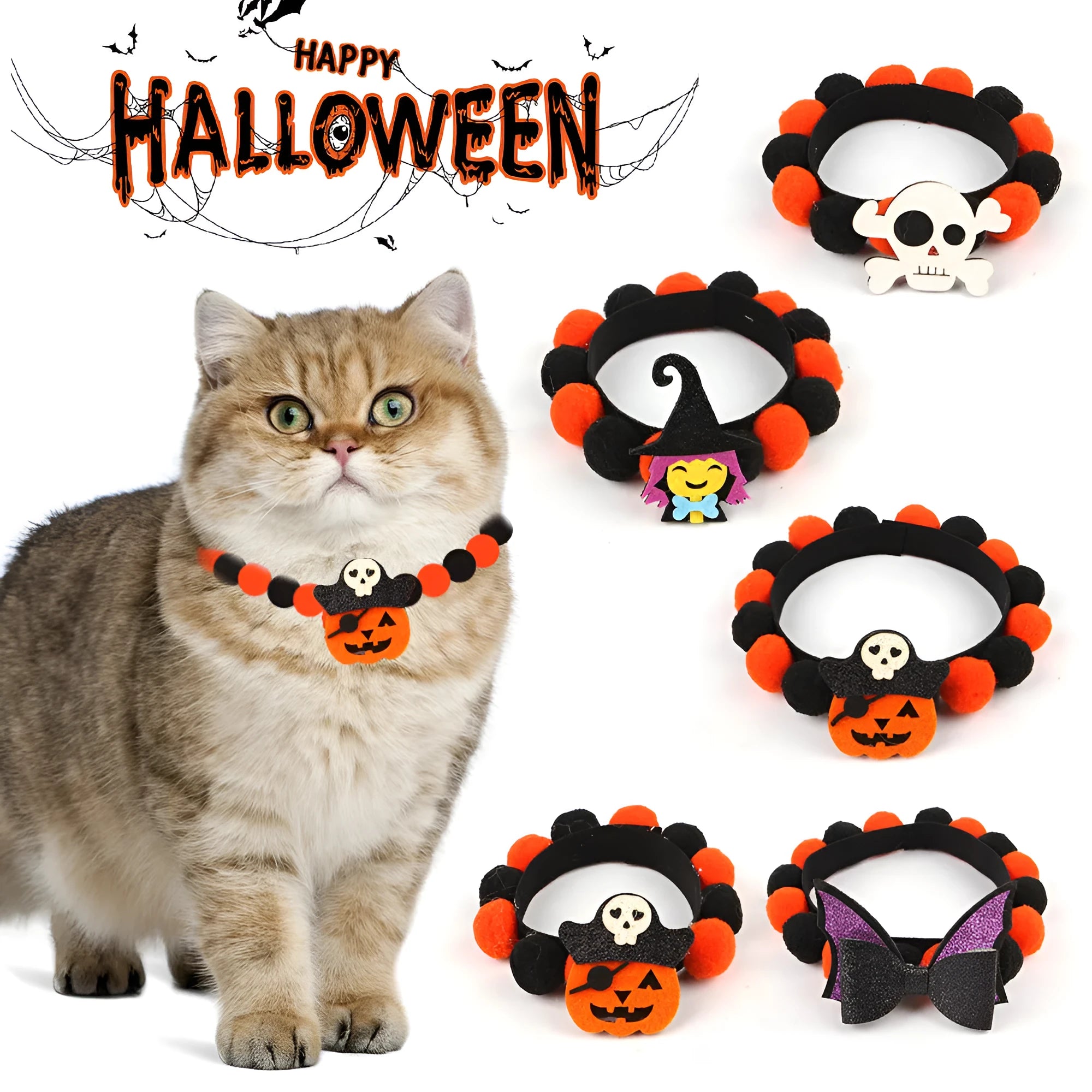 Halloween pet collar with fur ball decorations in pumpkin, bow, skull and witch designs