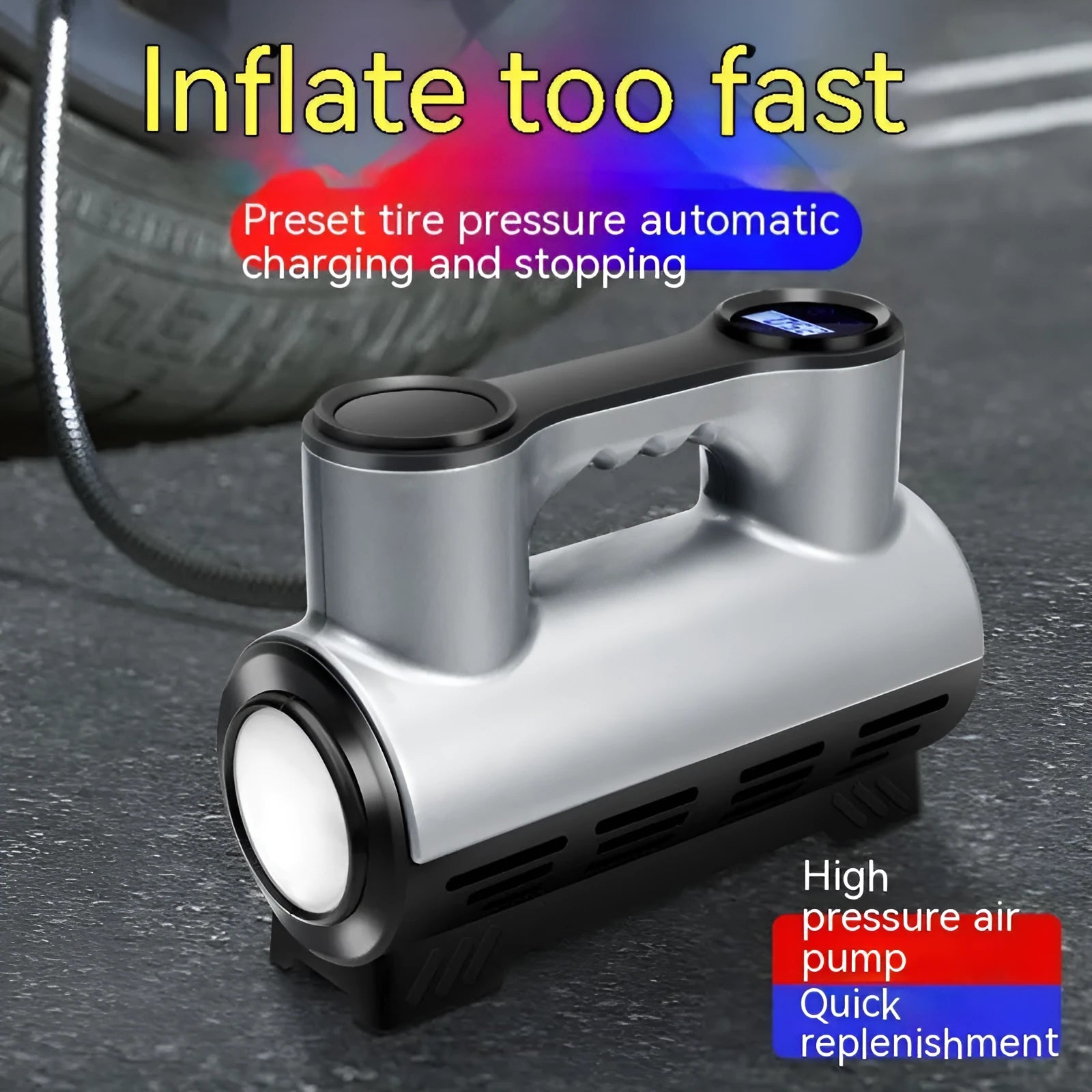 12V portable car air pump with pressure gauge and LED light on black ABS housing