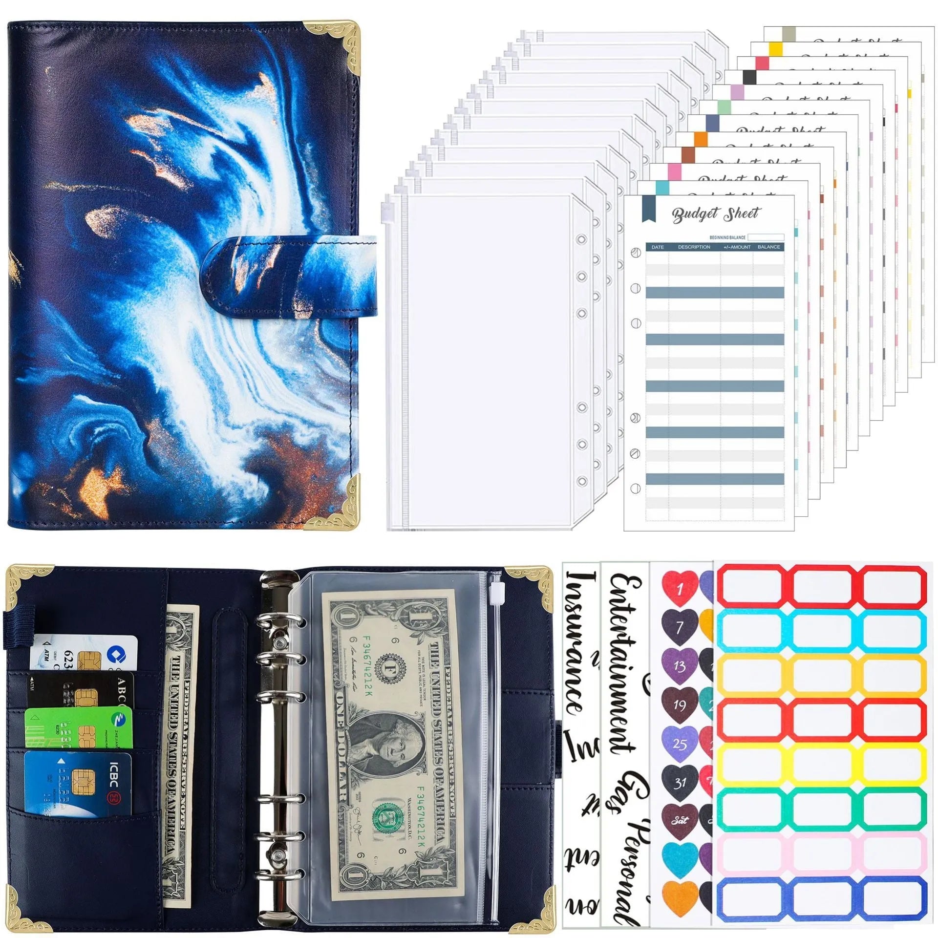 A6 loose-leaf budget notebook with UV blue gray printed cover, ring binder, and budget cards set