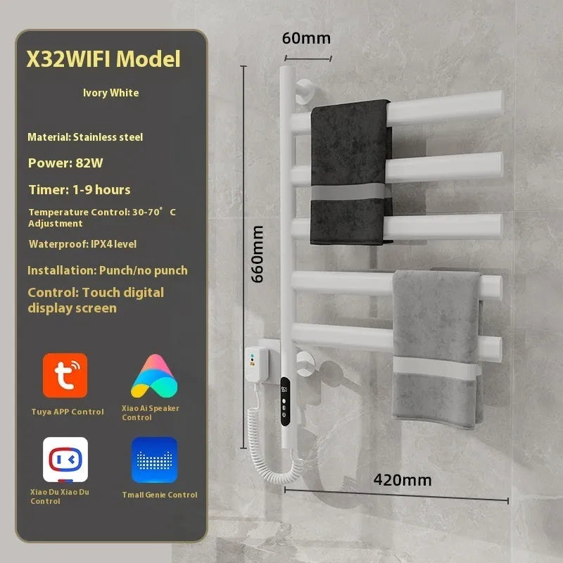 5-layer stainless steel electric towel rack in black with punch-free mounting and WiFi control