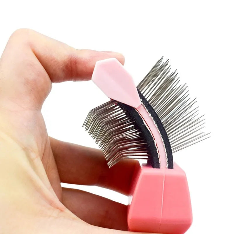 Double-sided pet grooming brush with stainless steel bristles in blue colour