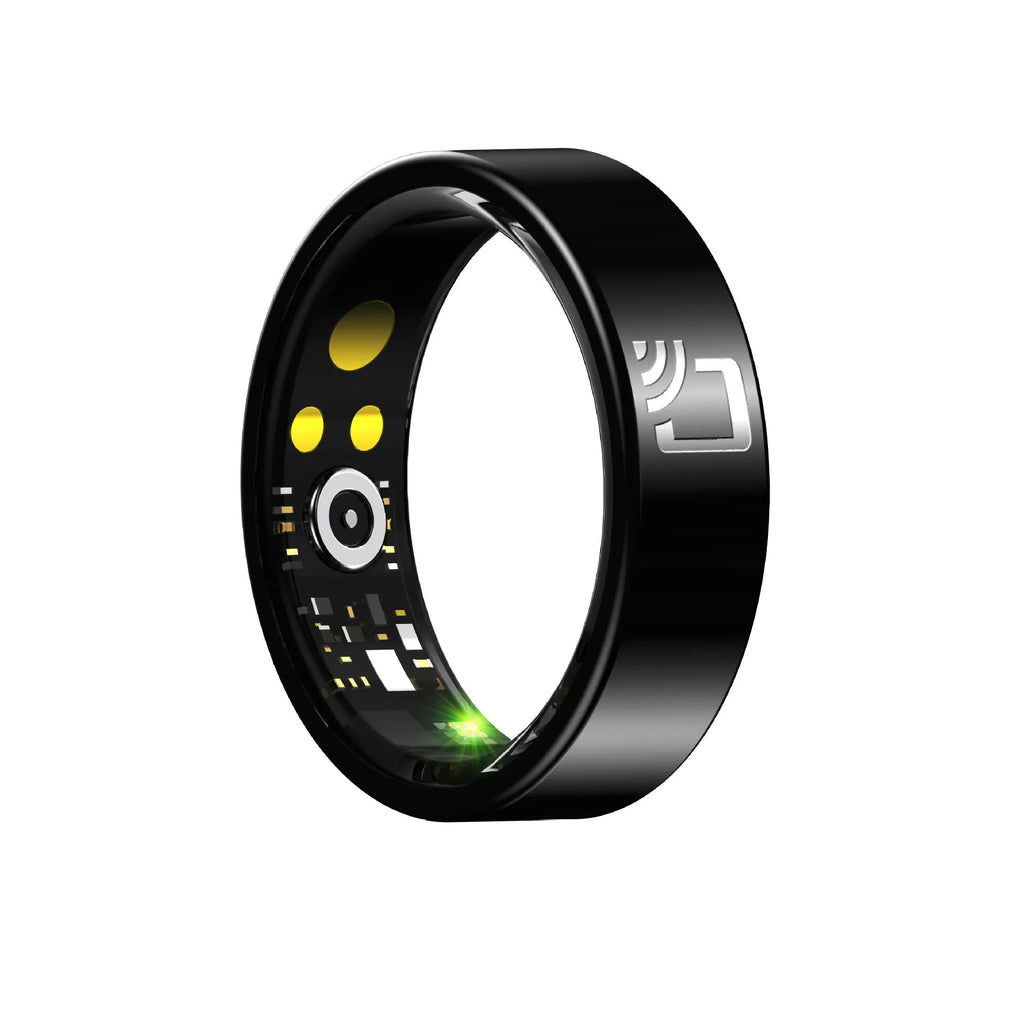 Black ceramic smart ring for heart rate, blood oxygen, and sleep monitoring on a finger