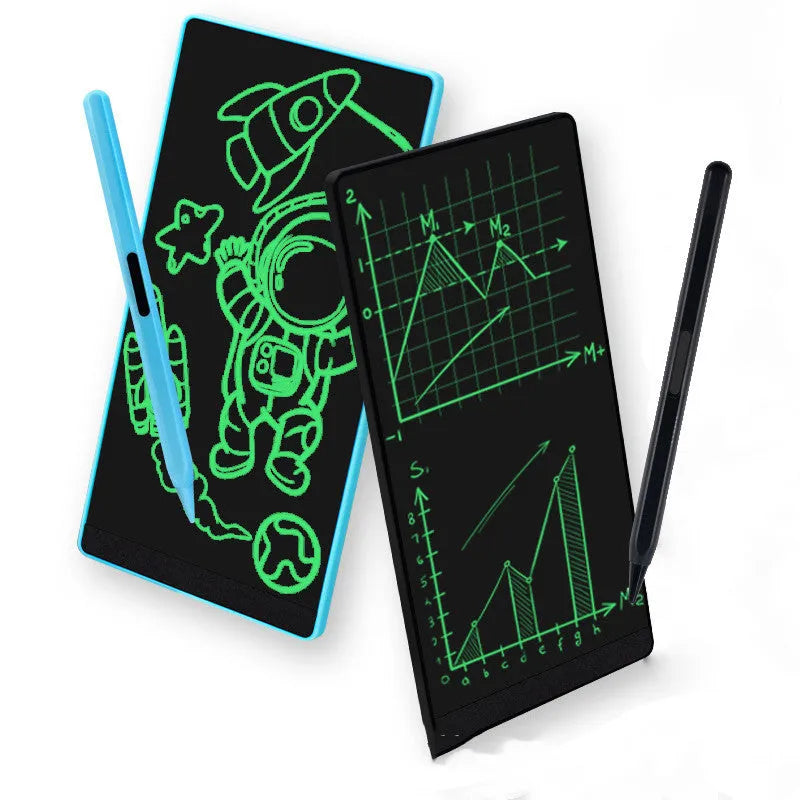 Blue LCD handwriting board showing handwritten numbers, with stylus, dimensions 155x77mm