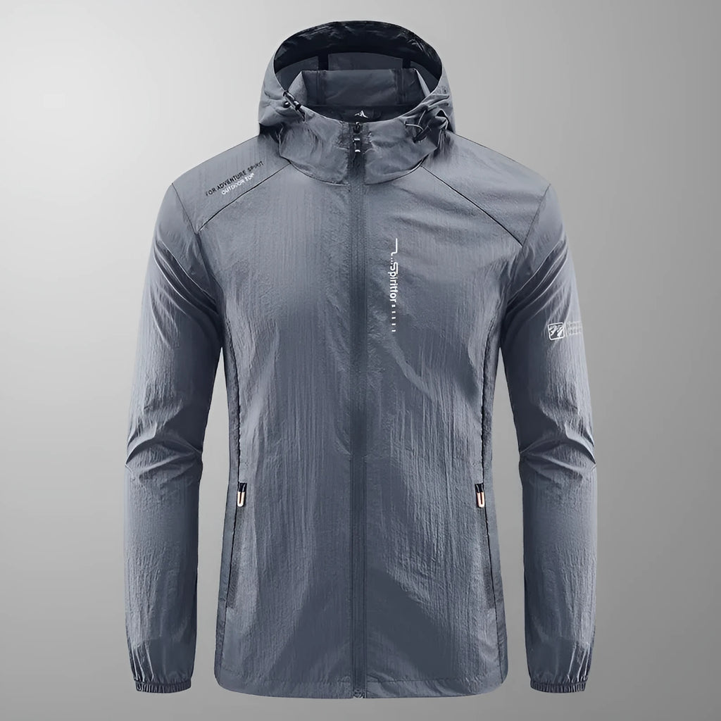 Men's light gray summer hooded jacket with thin nylon fabric and loose fit design