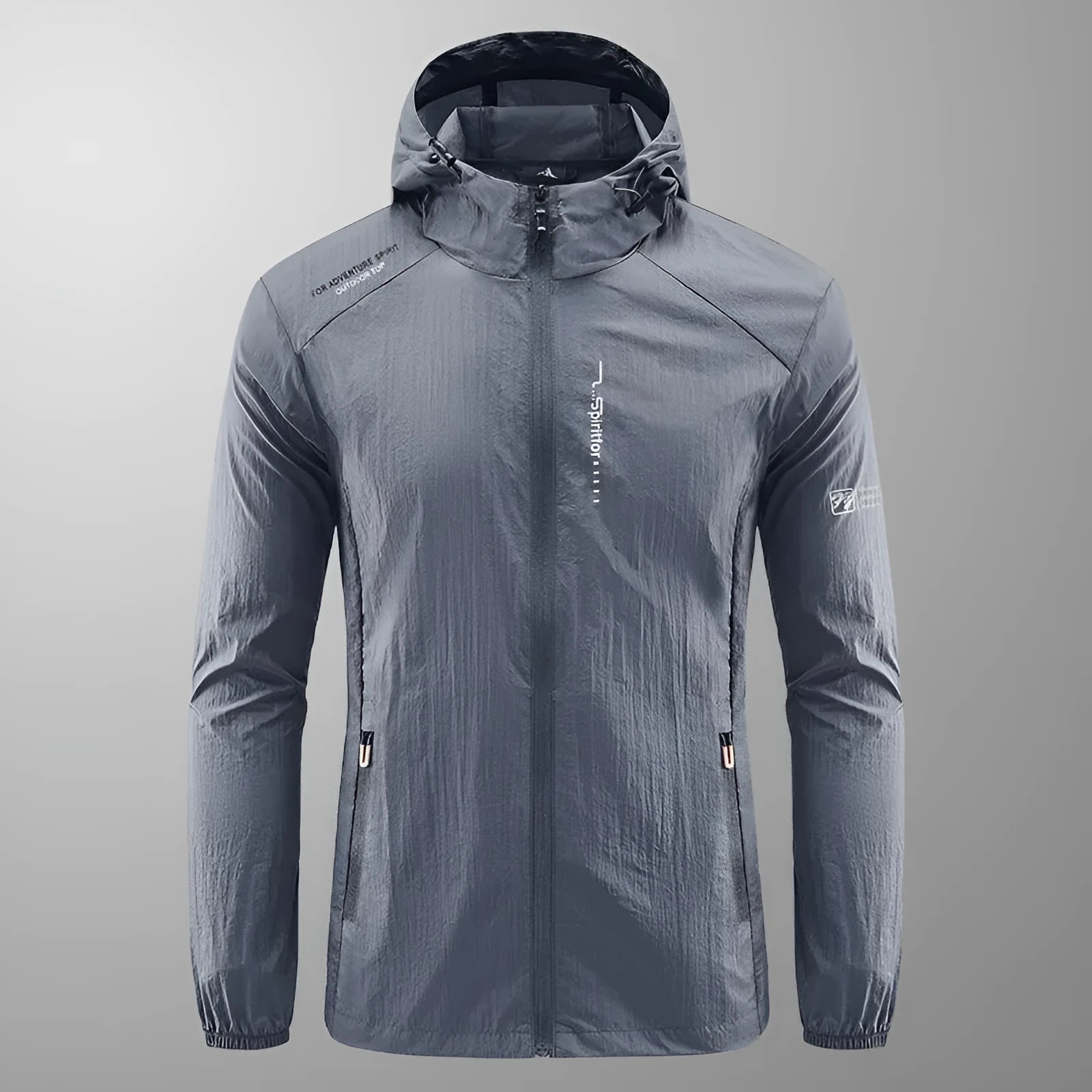 Men's light gray summer hooded jacket with thin nylon fabric and loose fit design