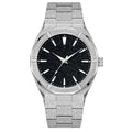 Men's stainless steel business watch with luminous markers on a frosted bracelet, shown in black, gold, and silver colour options.