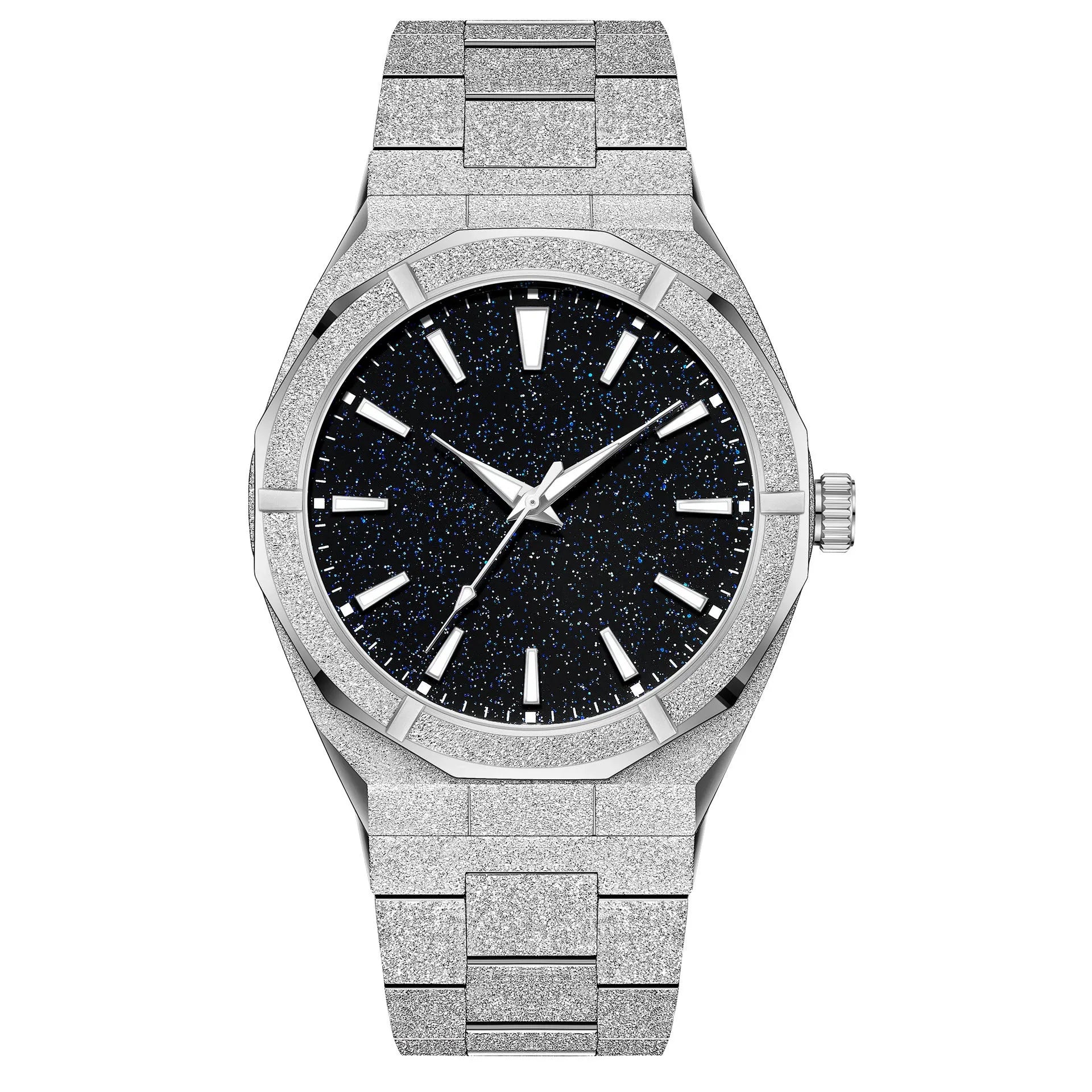 Men's stainless steel business watch with luminous markers on a frosted bracelet, shown in black, gold, and silver colour options.