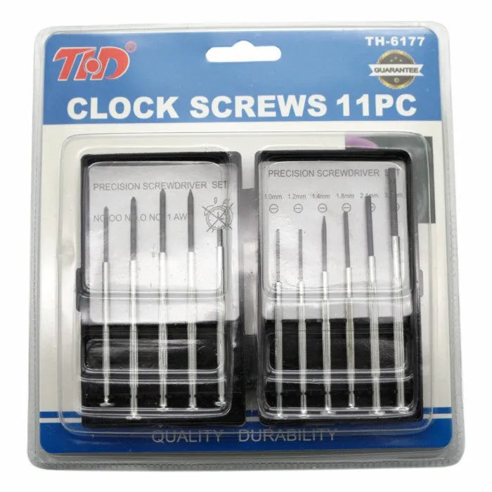 TH-6177 11-piece clock repair screwdriver set with cross and slotted bits on a work surface.