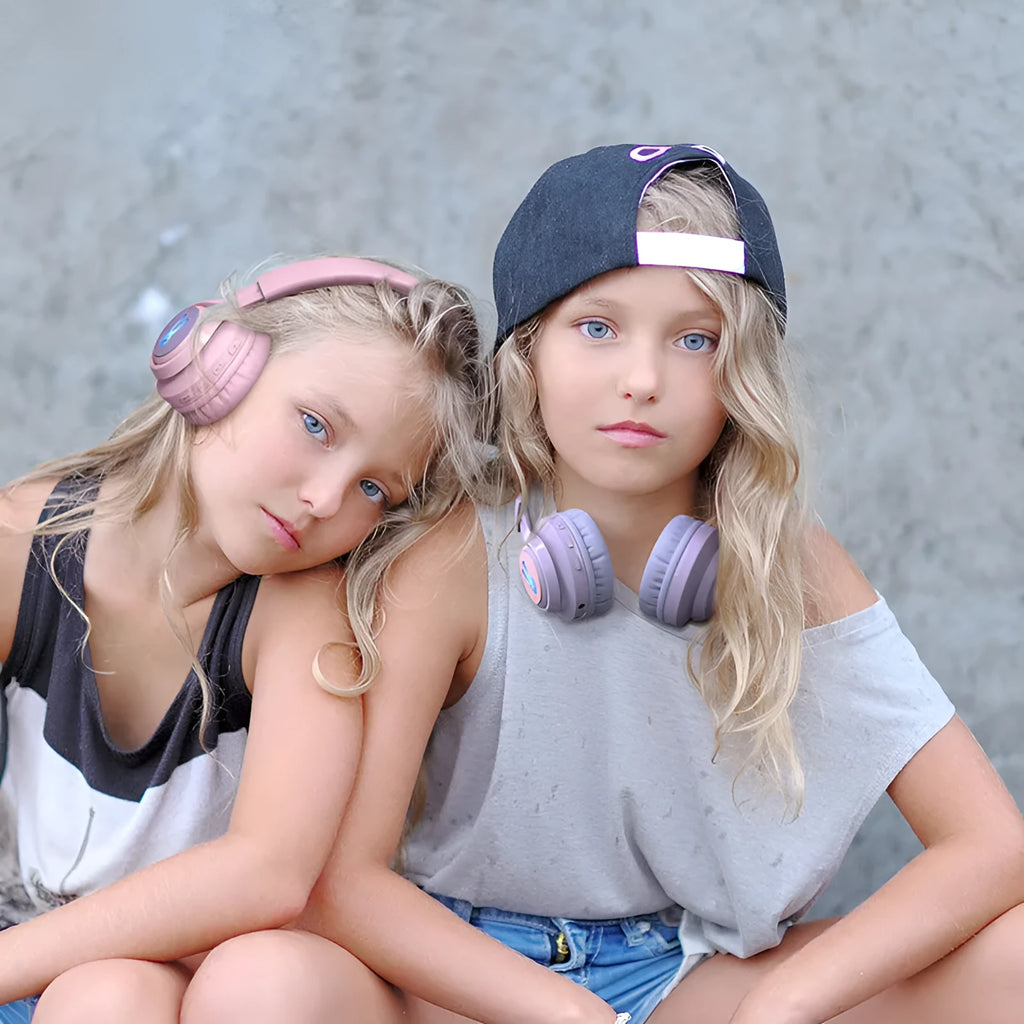 Children's wireless headphones with RGB lights and bunny design in pink and purple colours