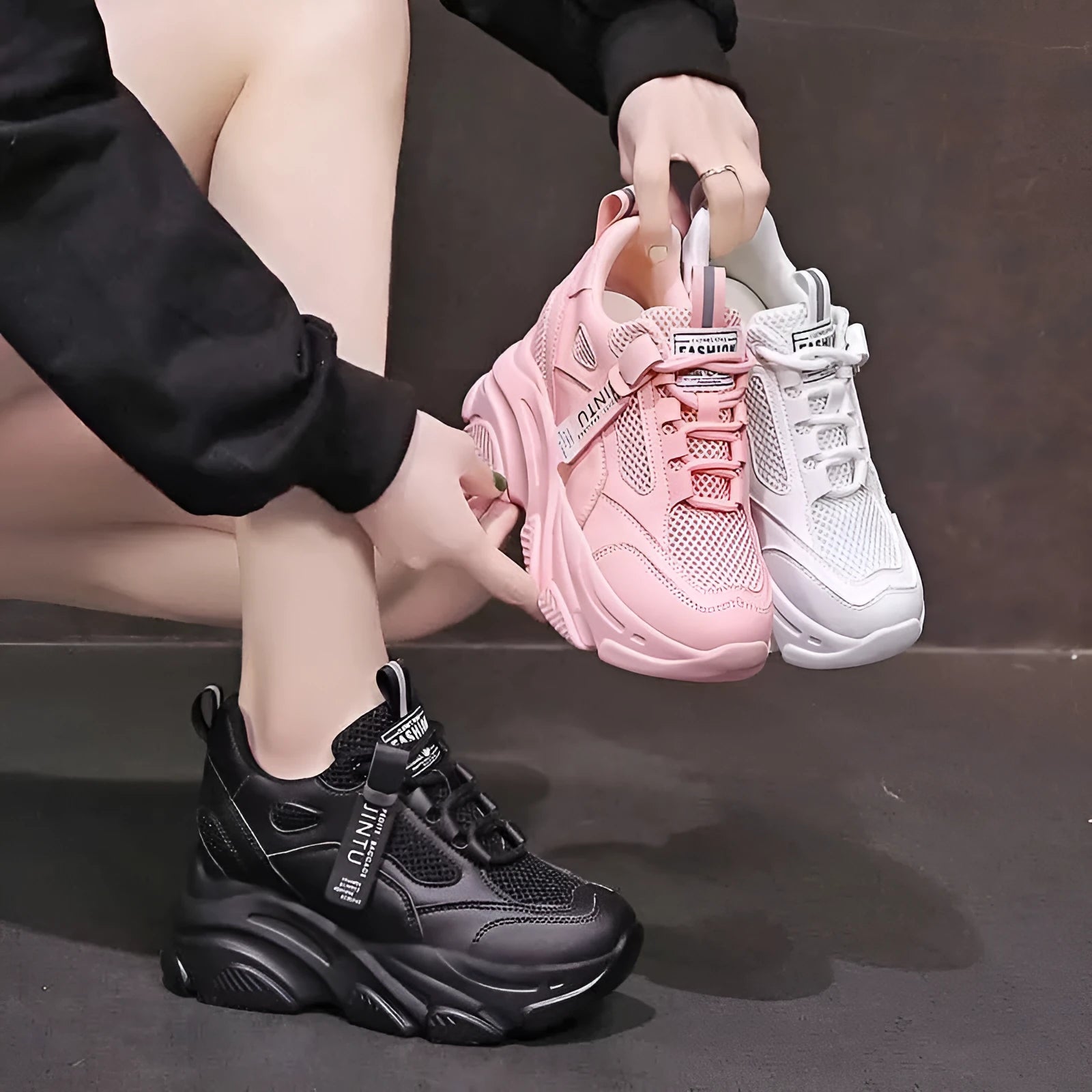 Women's casual platform mesh shoes with hollow-out design and toe holder styling in various colours