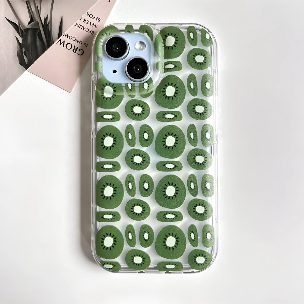 Transparent sliced kiwi fruit pattern TPU phone case for iPhone, showing kiwi green design on clear back