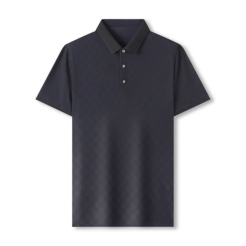 Rhombus thin ice silk V-neck short sleeve T-shirt on a hanger, showing slit hem detail.
