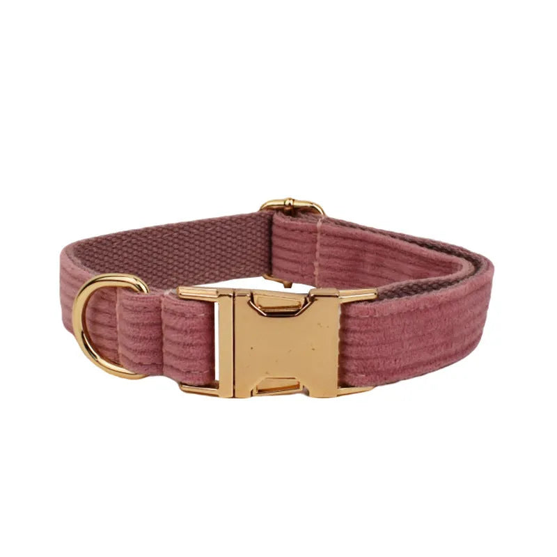 Corduroy cloth dog collar and lead set with red bow, vest and poop bag options