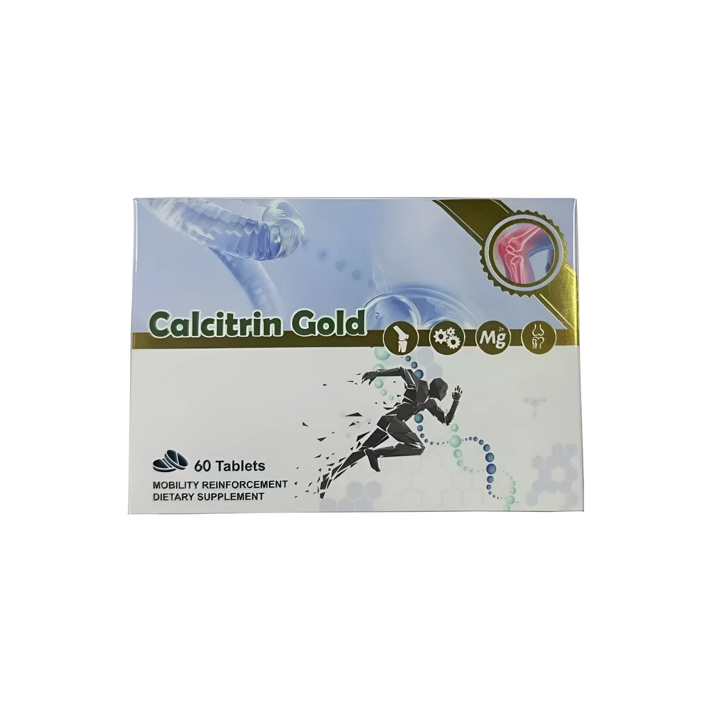 Calcitrin Gold tablet bottle with 60 film-coated light gold oval tablets for bone and joint support