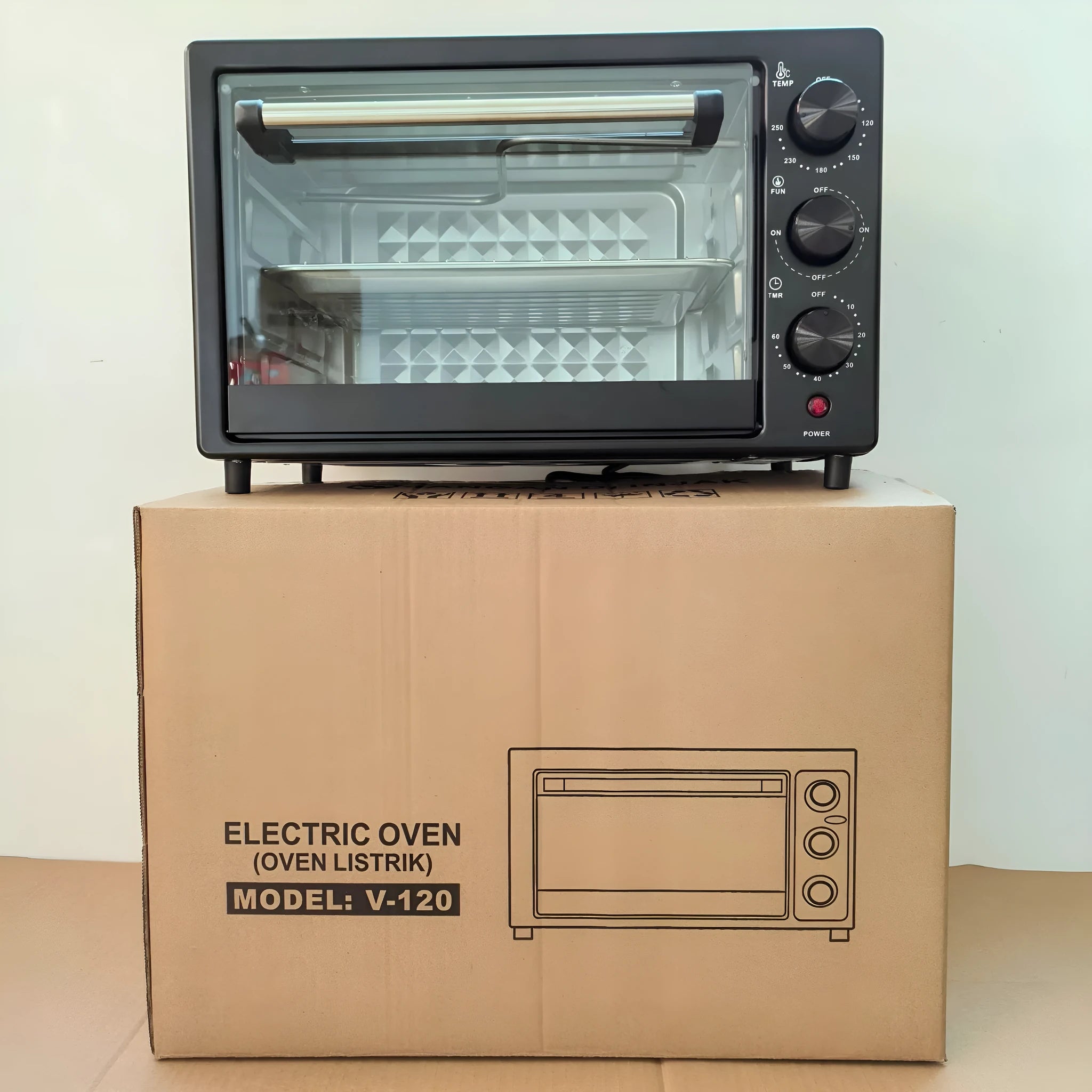 12L household electric oven in black with double-layer interior and mechanical dials, galvanised steel body