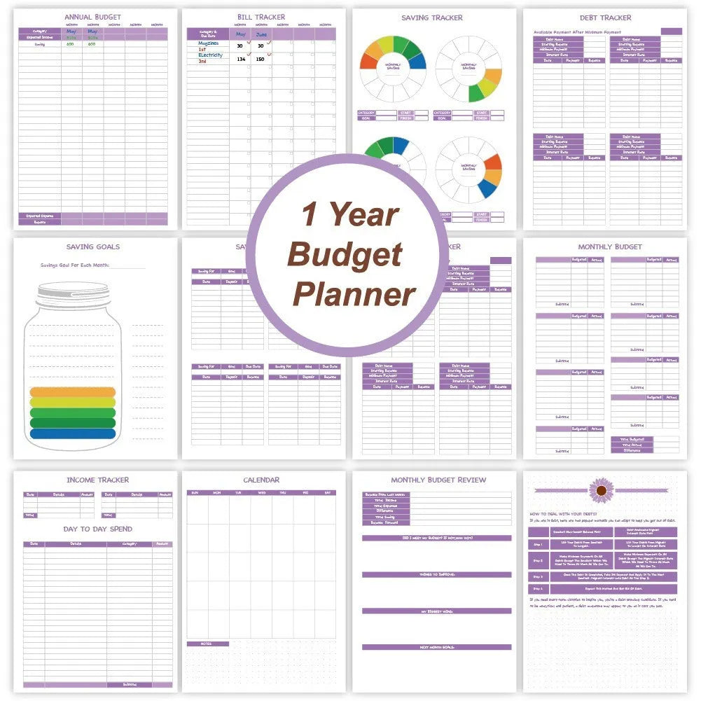 Purple coil-bound financial planning notebook with pen, stickers and paper clips for monthly budgeting