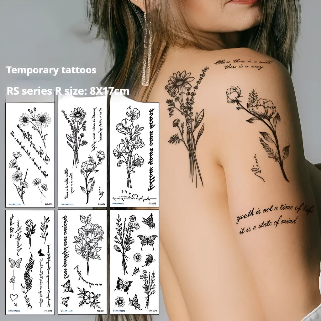 Flower and plant tattoo sticker, 6cm x 17cm, water transfer print paste-on decal