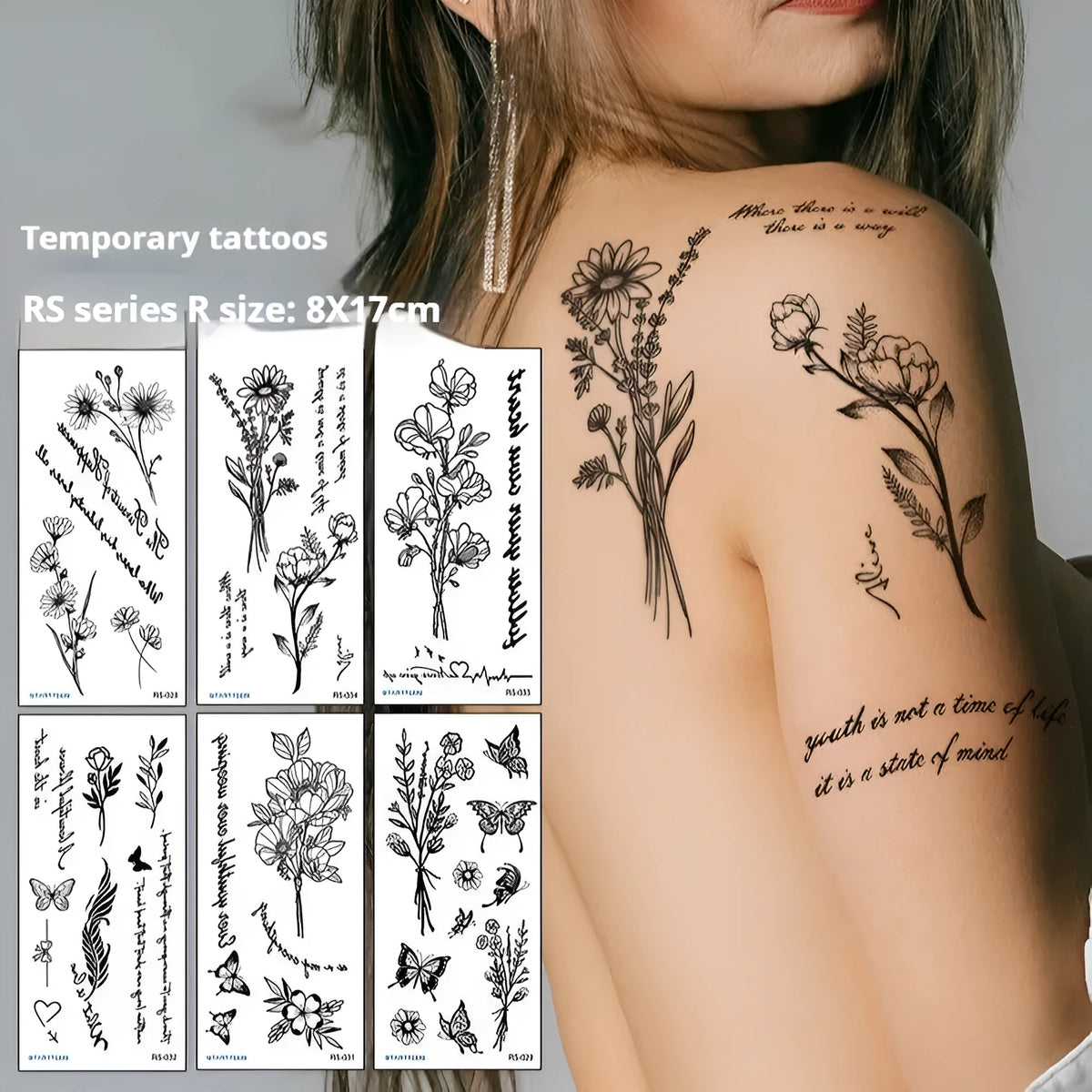 Flower and plant tattoo sticker, 6cm x 17cm, water transfer print paste-on decal