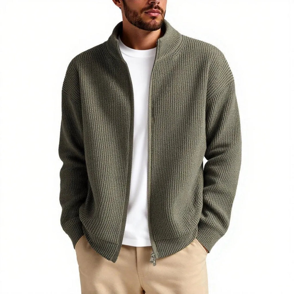 Men's loose-fit cardigan sweater in a chemical fibre blend, shown in a neutral colour.