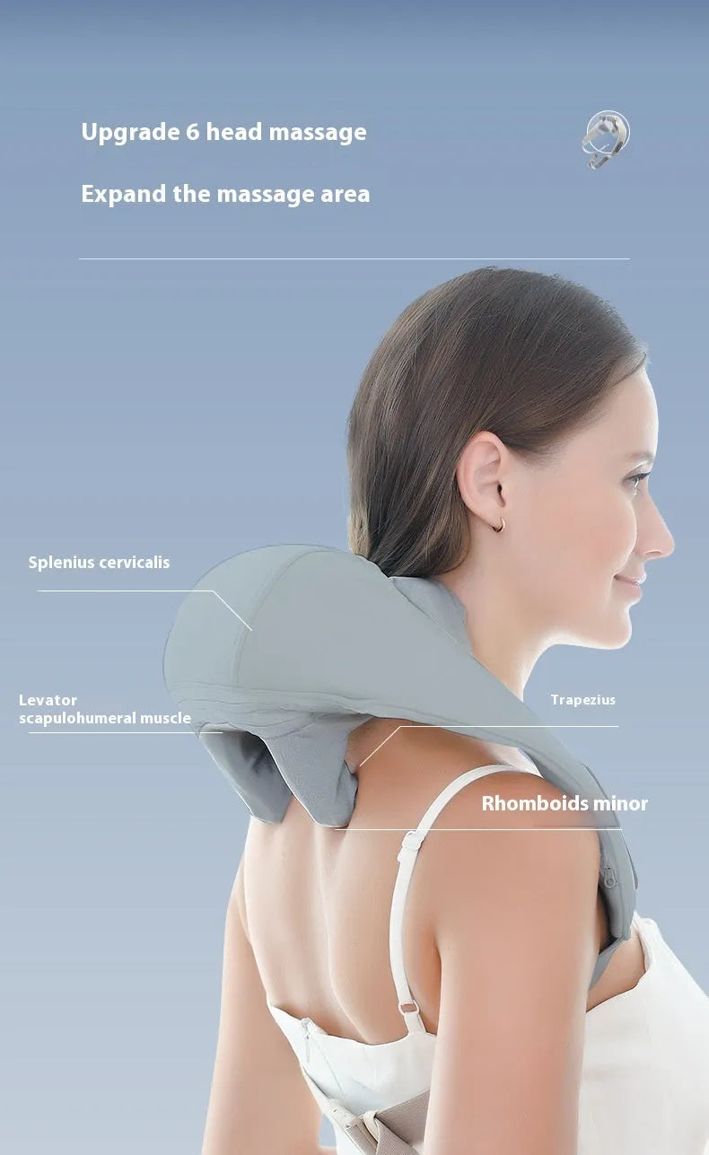 Gray USB-rechargeable neck and back massager with elastic fabric, shown with charging cable.