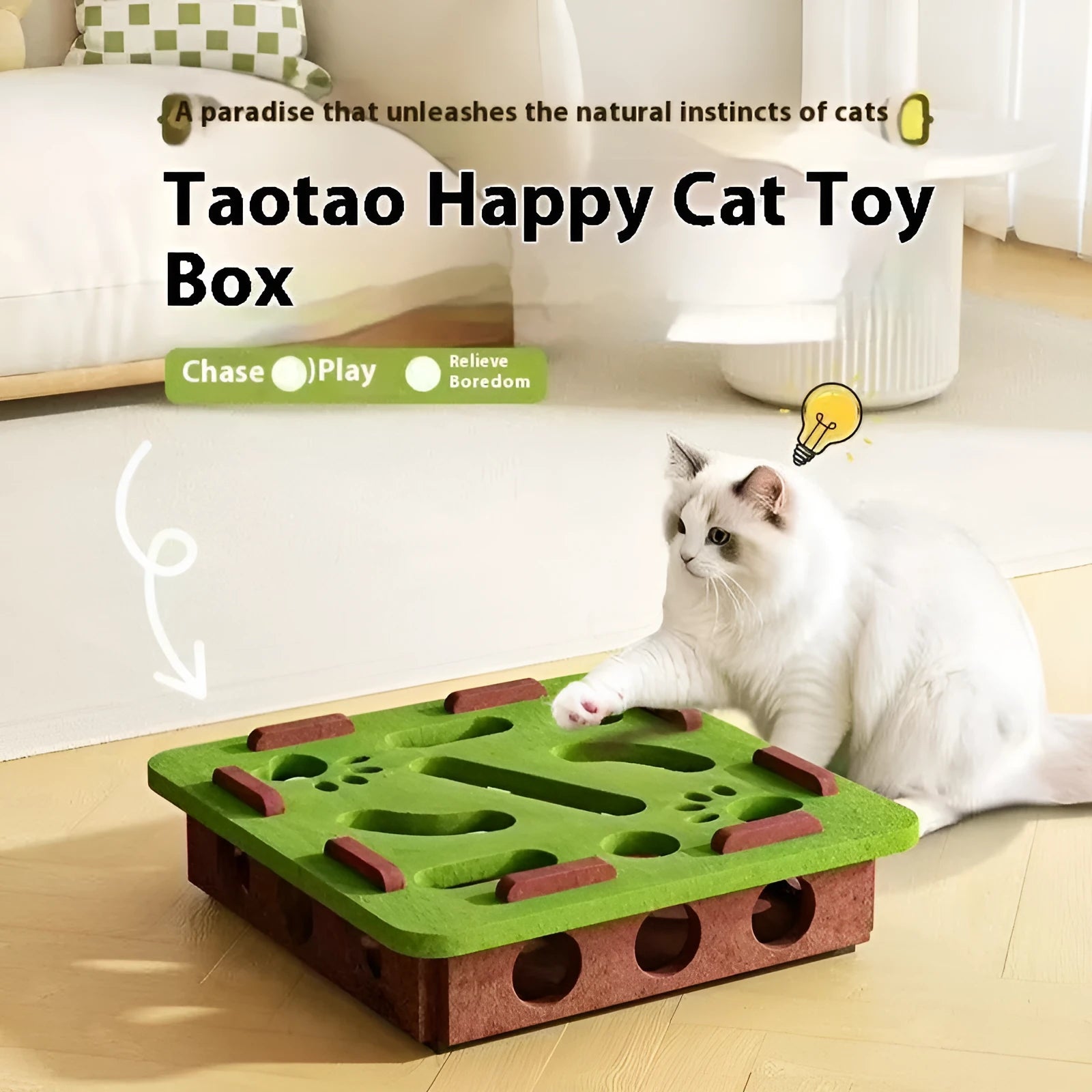 Felt cat toy with interactive hole measuring 30cm in green brown, camel white, and grey colour options