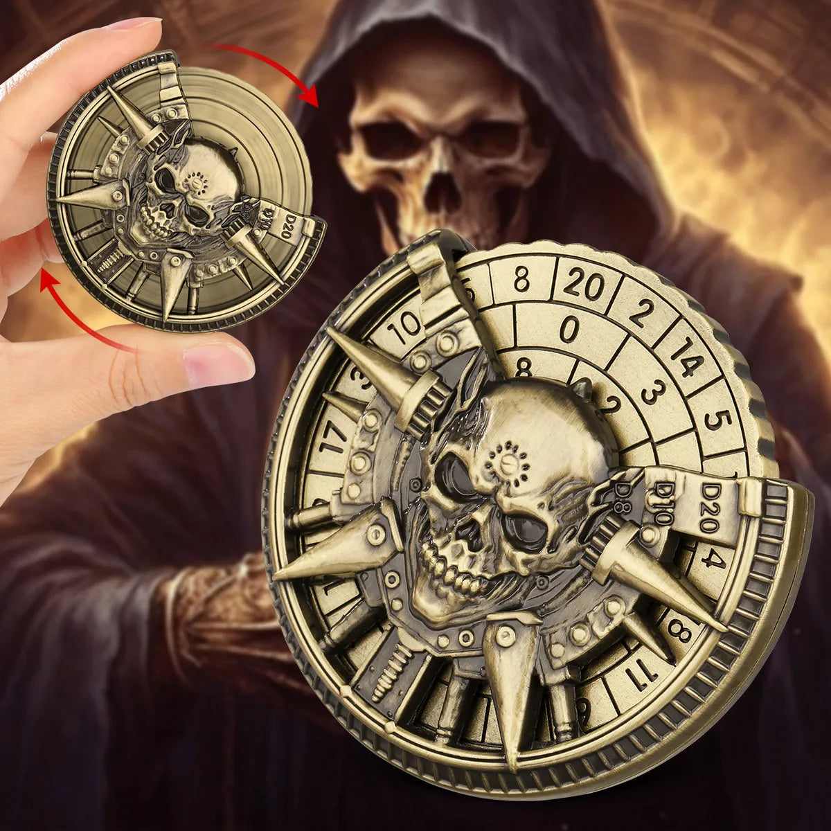 Skeleton metal wheel dice gift box with bronze D20 and D10 dice on a dark tabletop