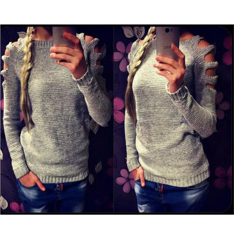 Grey women's knitted shirt with round neck and crocheted hollow-out detail on long sleeves