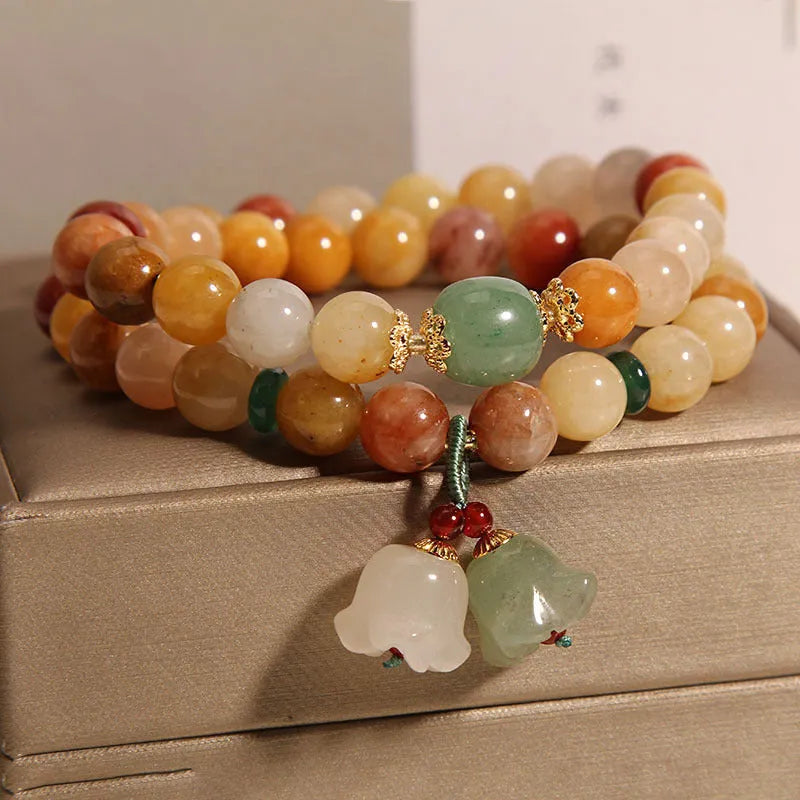 Natural jade multi-layer bracelet with orchid pendant for women, adjustable wrap design