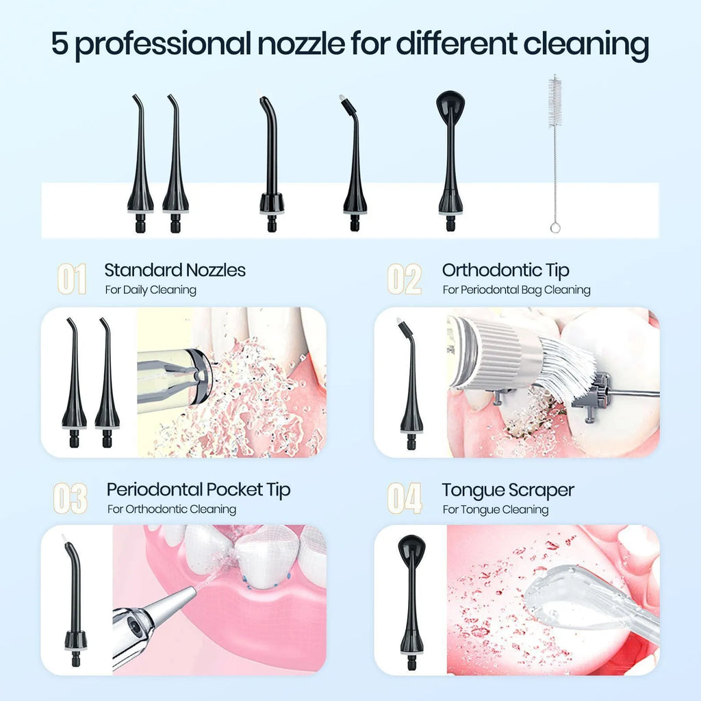 Black portable oral irrigator with water tank and nozzle for dental cleaning