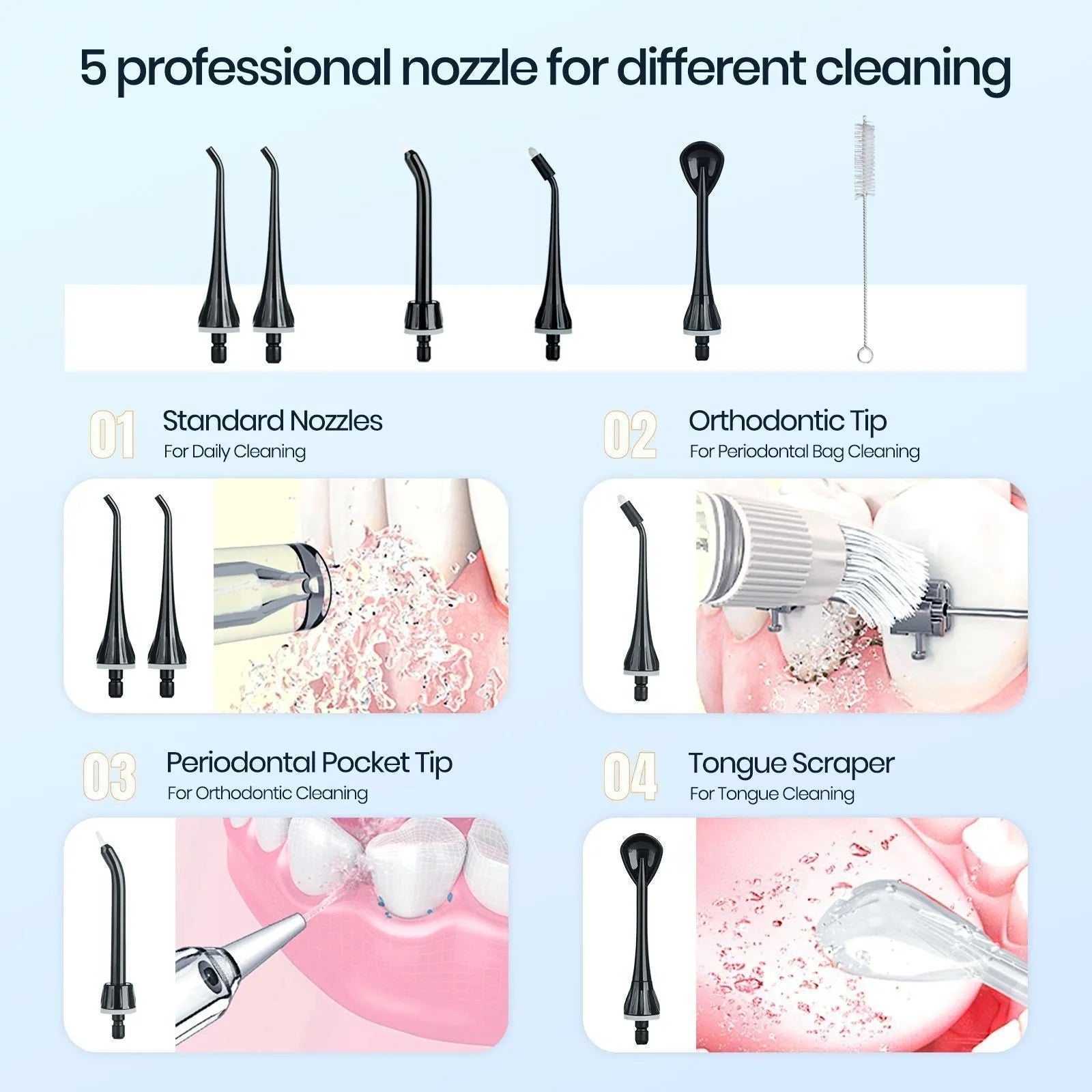 Black portable oral irrigator with water tank and nozzle for dental cleaning
