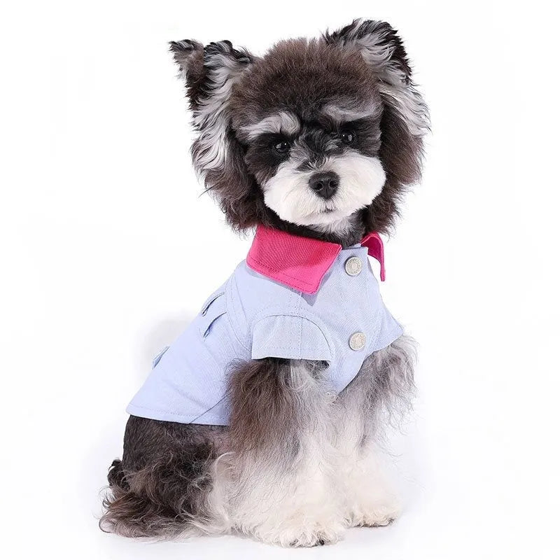Blue and purple polyester dog harness with traction rope ring for small dogs, showing size options