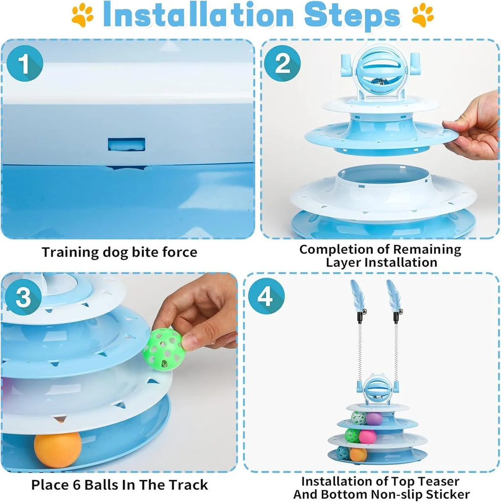 Blue 4-tier cat puzzle toy with 6 sliding balls and teasing rods on circular track