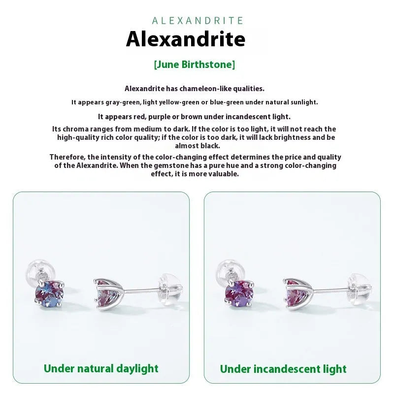 A pair of simple geometric Alexander stone ear studs in 925 silver with a round element, in cultivate Alexandrite colour.