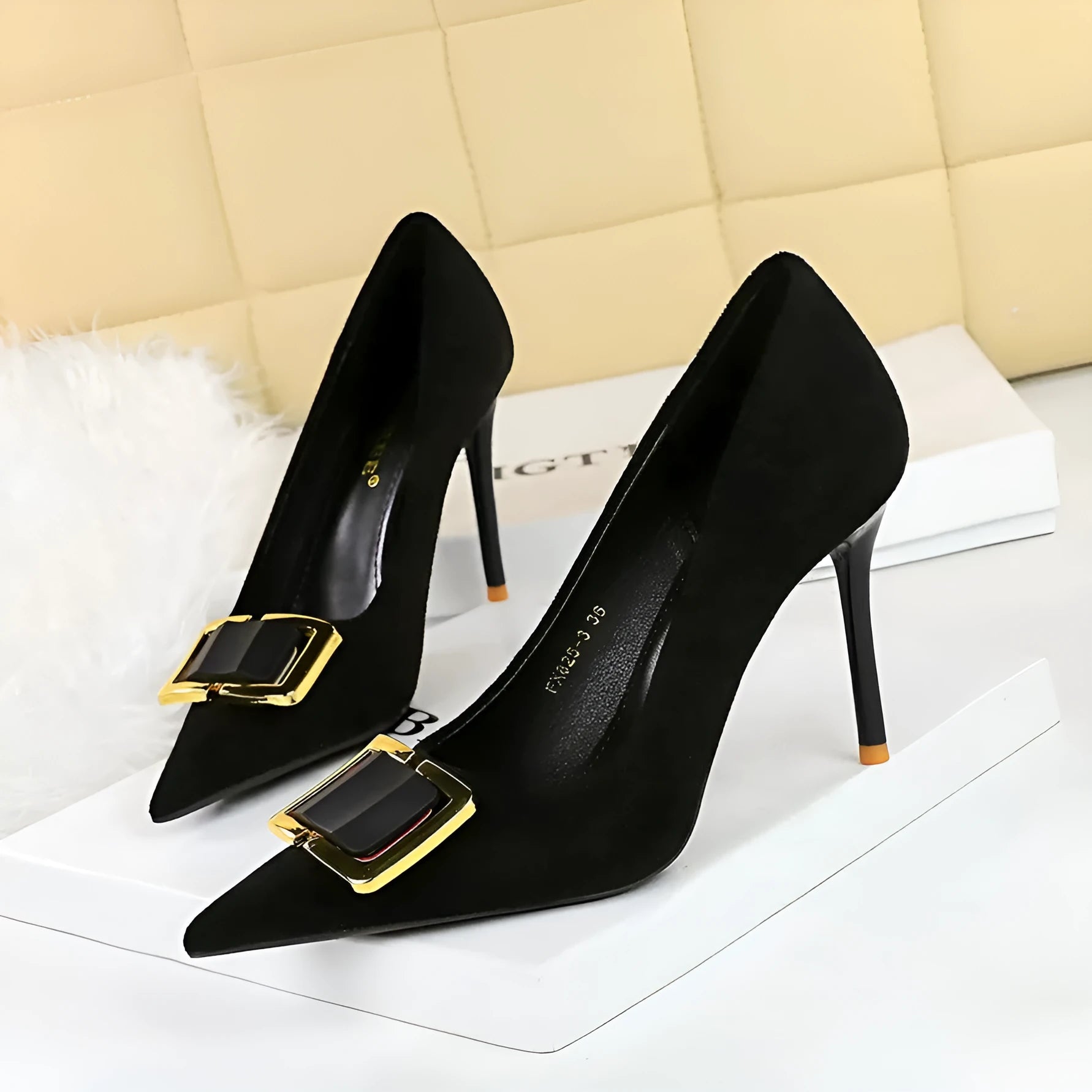 Black suede women's stiletto high heels with a pointed toe and 9cm heel.