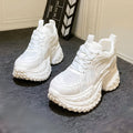 White women's lace-up dad sneakers with round toe and height increasing insoles