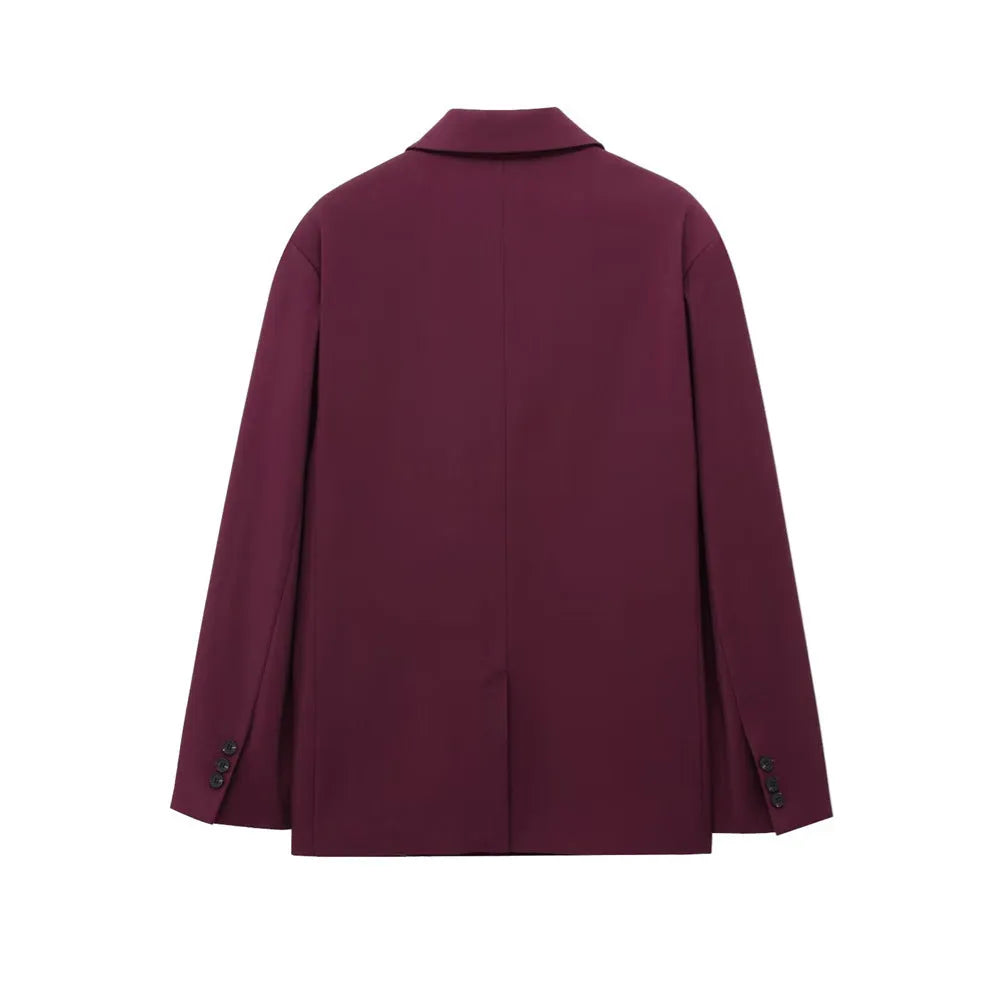 Women's double-breasted loose casual suit coat in solid red polyester with regular sleeves, sizes XS to L