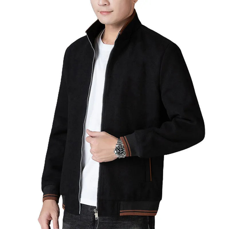 Men's gray wool fleece sport jacket with a stick pocket, shown on a hanger.