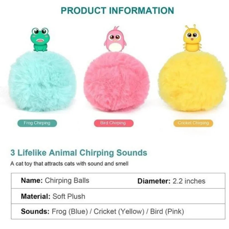 Interactive cat toy ball in blue, pink or yellow with smart sensor triggering animal sounds when touched