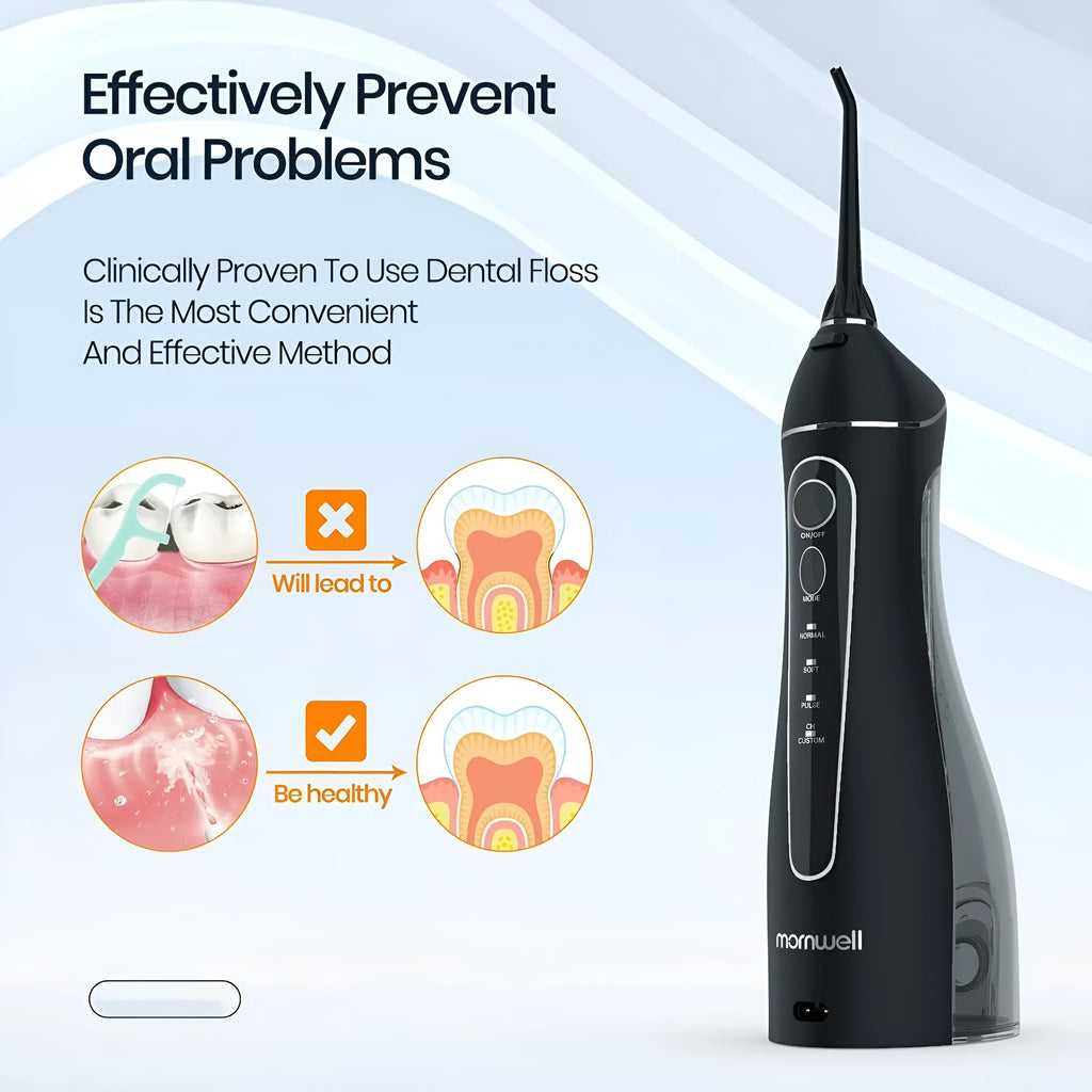 Black portable oral irrigator with water tank and nozzle for dental cleaning