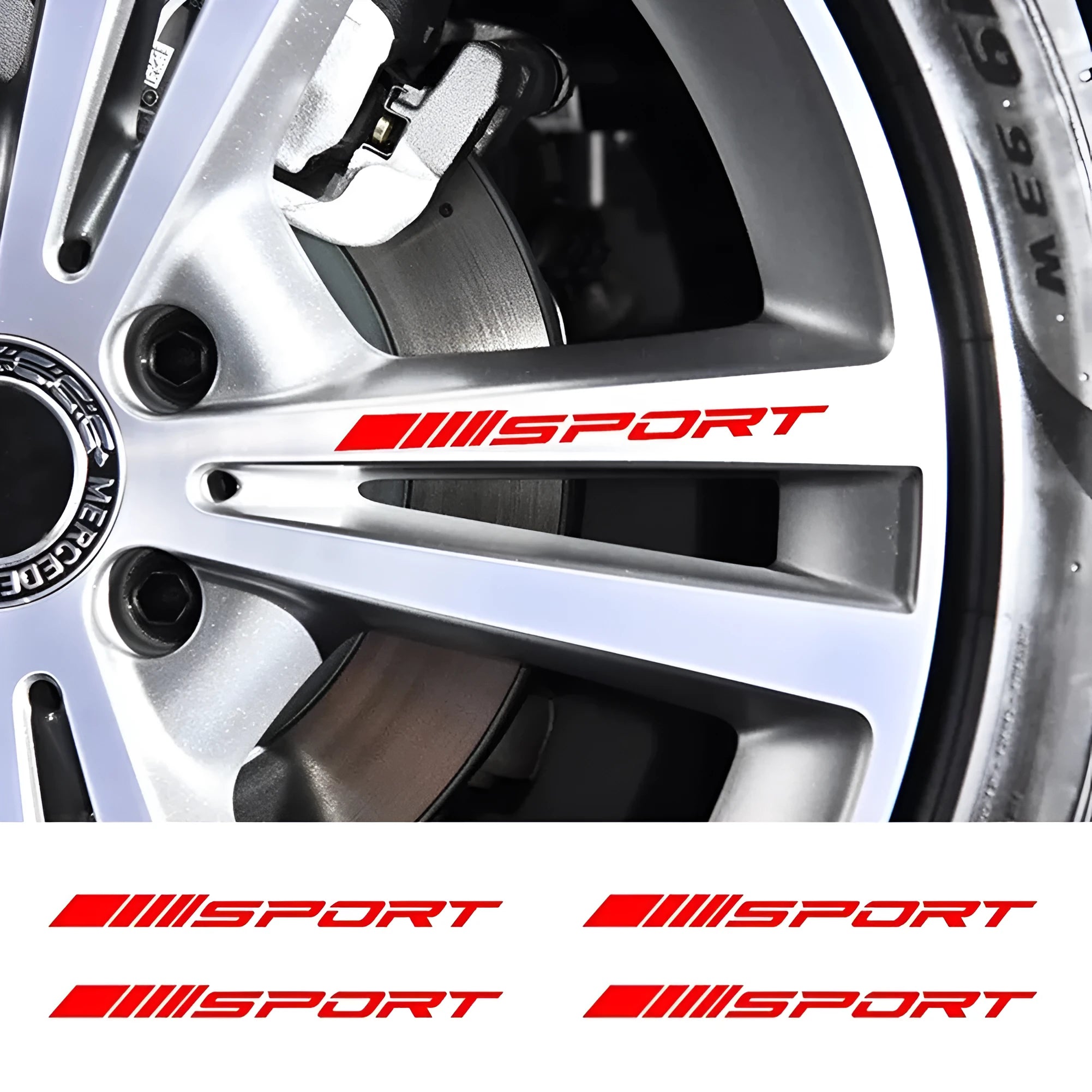Car rim stickers in black, red and white colours with sports design for wheel decoration
