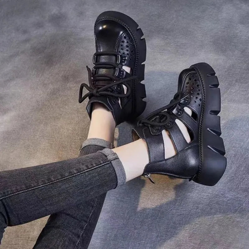 Women's soft cowhide leather platform sandals with hollow hole design in black colour