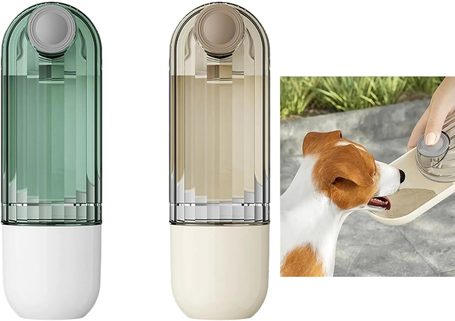 Beige and green foldable dog water bottle with food container, showing dimensions.