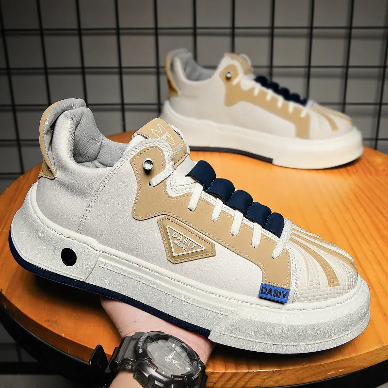 Men's beige and black low-top sneakers with elastic band closure and round toe