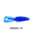 PVC soft plastic fishing lure in multiple colours showing detailed texture, 8cm and 12cm sizes displayed.