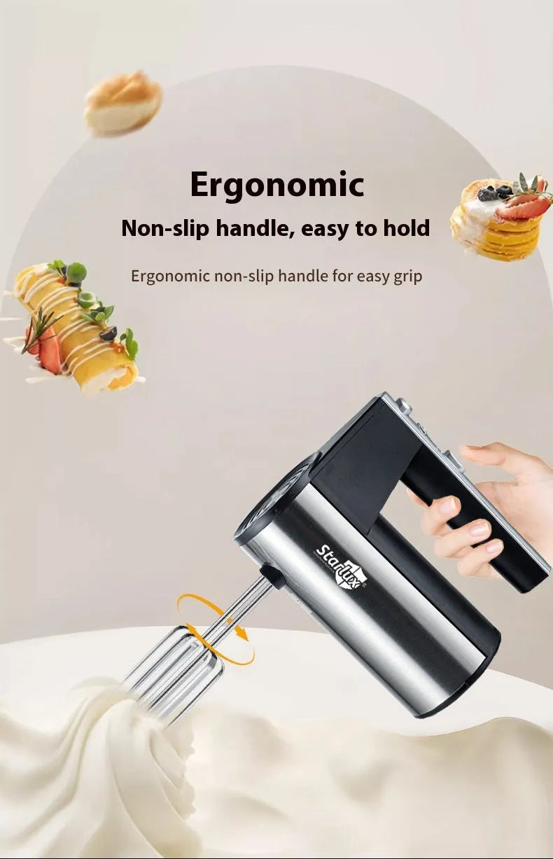 SL-25209 model silver and black 500W hand-held electric mixer with twin beaters on a kitchen worktop.