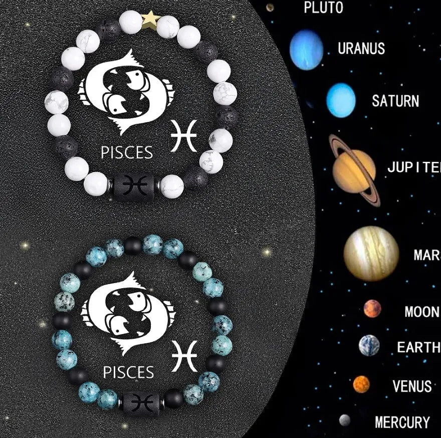 Set of twelve natural stone beaded bracelets with elastic cords, each representing a different zodiac sign.